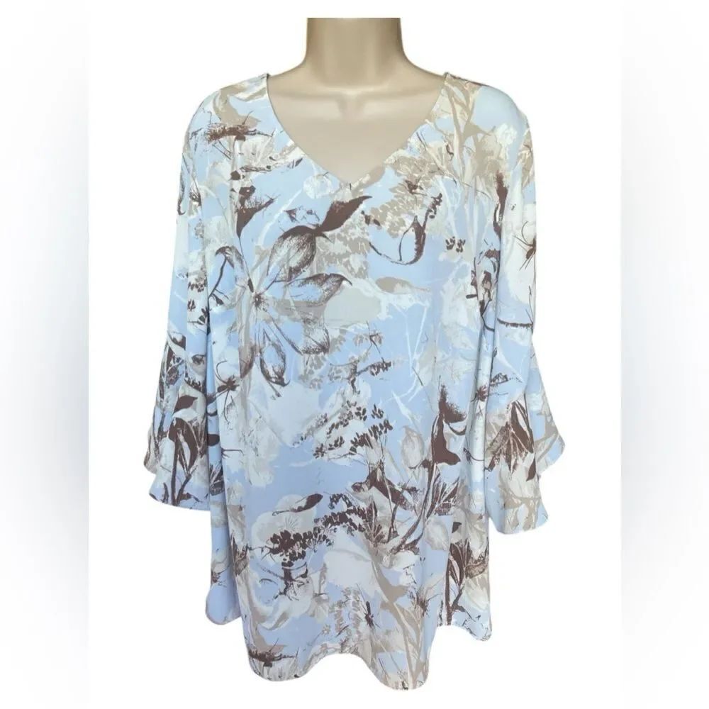 CATHERINES Womens Tunic Blouse Blue/Brown Floral 0X 14/16W 3/4 Ruffle Sleeves